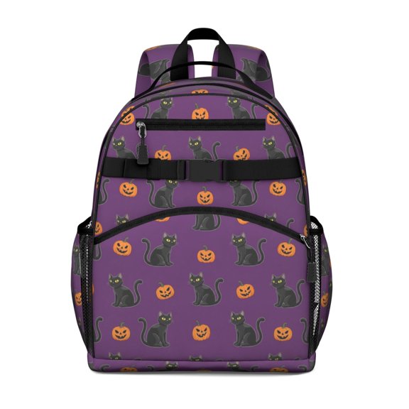 Black Cat Purple Pattern Cute School Backpack Bag for School with Padded Back and Adjustable Shoulder Straps 15.25"x11.5"x5.25"