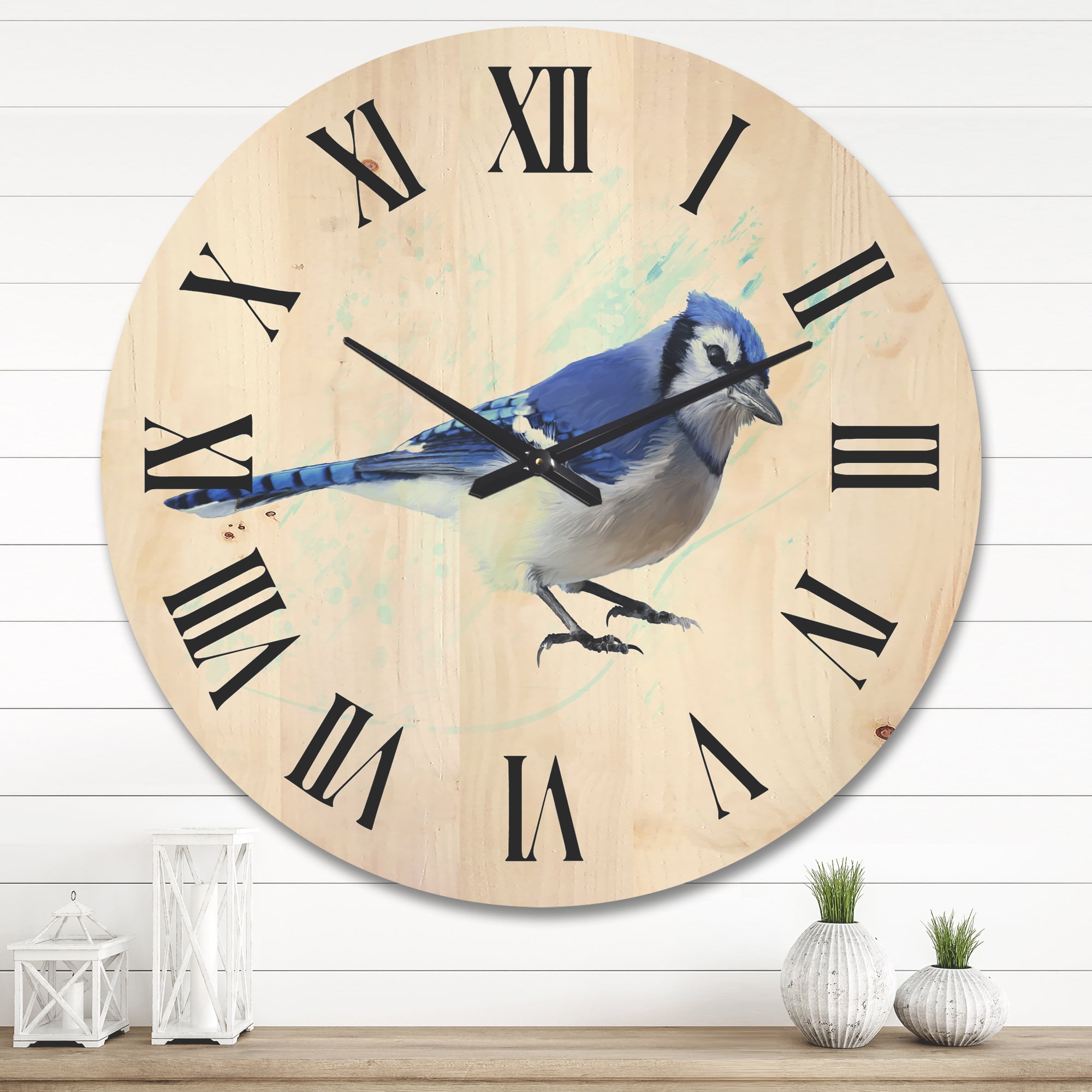 Designart 'Ancient Blue Jay Bird' Traditional Wood Wall Clock