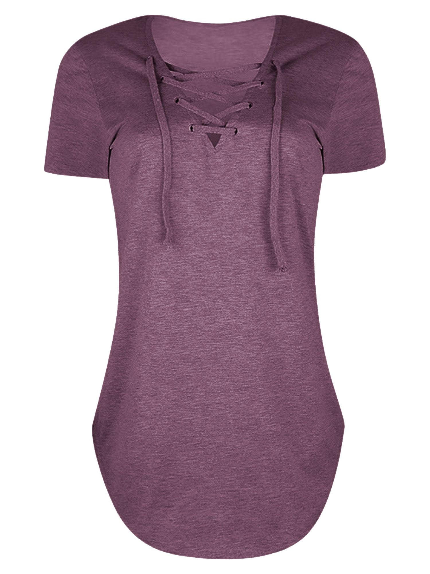 Women Lace-up Front Solid Color Short Sleeves Tunics Tops - image 2