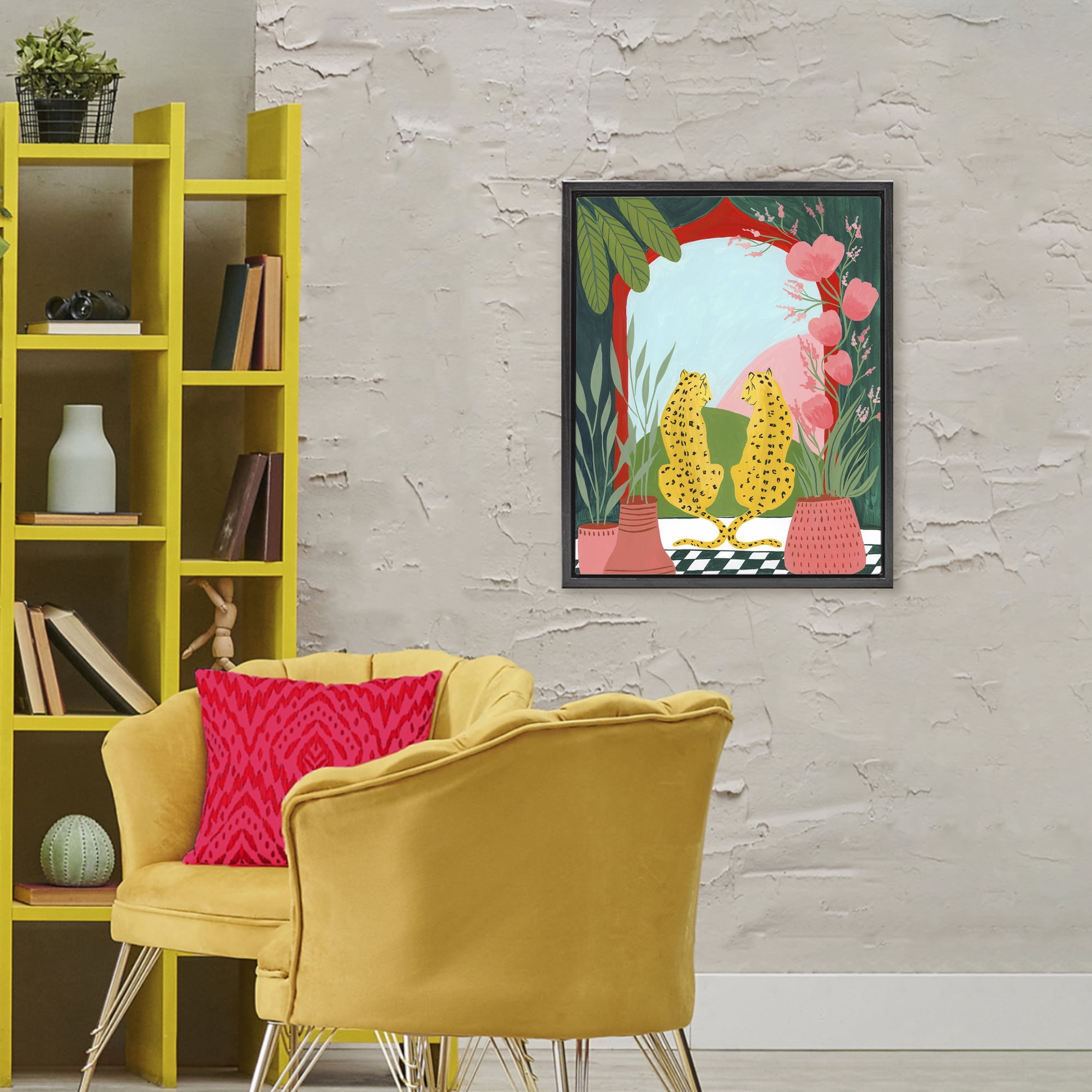 Twin Leopard & Plants Black Framed Floater Canvas Wall Art, design by Nabeela Rumi