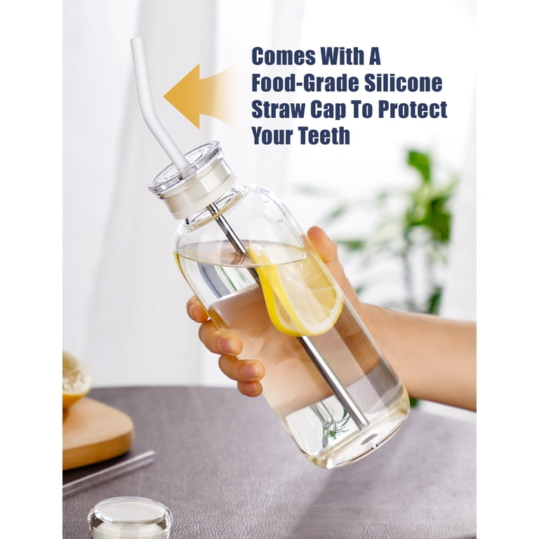 Nihome 25oz/750ml Clear Glass Water Bottle with 2 Caps & Stainless-Steel Straw, Temperature Resistant Durable High Borosilicate Glass Drinkware with