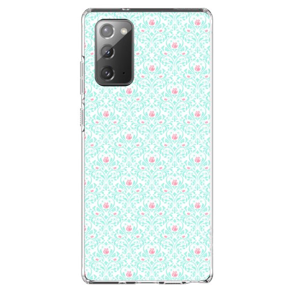 DistinctInk Clear Shockproof Hybrid Case for Samsung Galaxy Note 20 (6.7" Screen) - TPU Bumper, Acrylic Back, Tempered Glass Screen Protector - Teal & Pink Rose Pattern