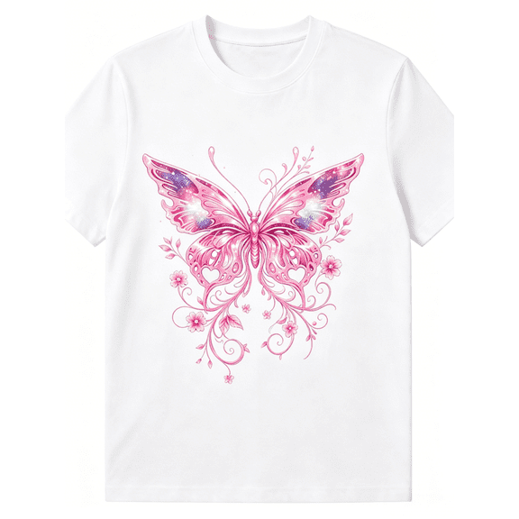 Women Pink Galaxy Butterfly Floral Graphic Crew Neck T-Shirt, Sparkly Cosmic Star Butterfly Vine Flower Casual Short Sleeve Tee