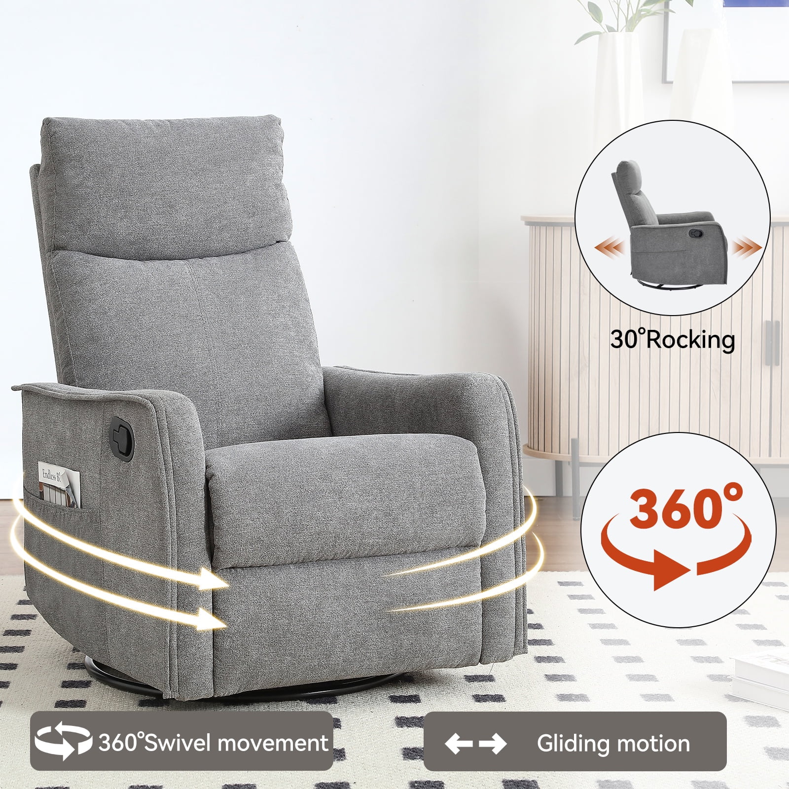 Bellemave Manual Recliner Chair with Massage and Heating Home Theater Recliner Rocking Chair Rocker Chair with High Back in Fabric for Living Room, Bedroom (Gray)