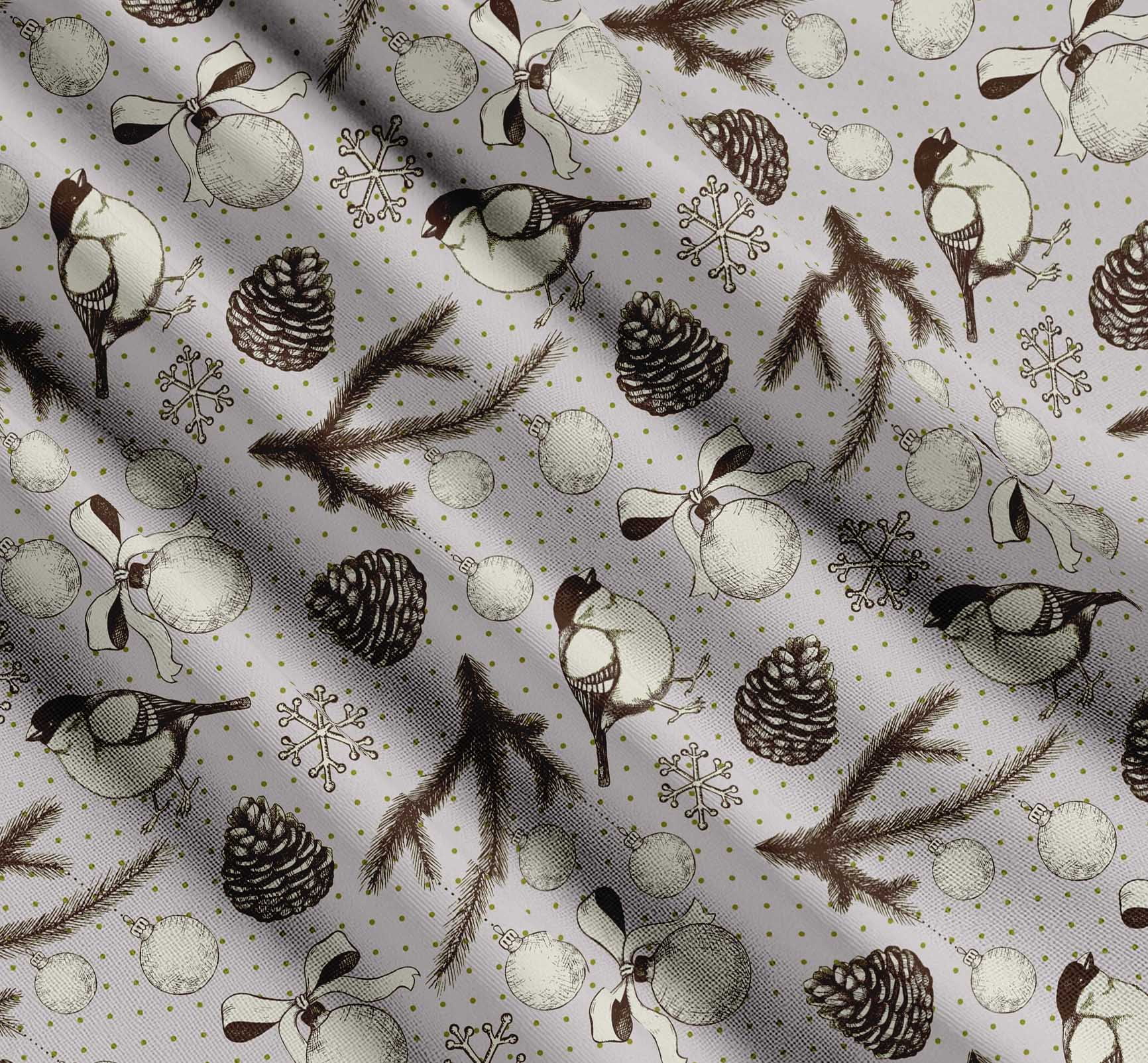 Soimoi Gray Cotton Voile Fabric American Robin & Baubles Christmas Printed Fabric 1 Yard 56 Inch Wide