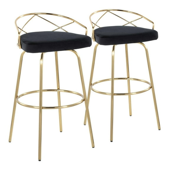 LumiSource Gold Metal, Black Velvet Charlotte Glam 30" Fixed-Height Barstool - Set of 2