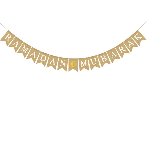 Banner De Ramadán Mubarak De Arpillera De Yute Con Decoración De Chimenea De Mantel De Luna Y Estrella