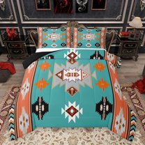 Homewish Western Boho Aztec Queen Comforter Set for Men, Rustic Mandala Hippie Bedding Sets, Cyan Orange Abstract Reversible Bedding Comforter Set, Lightweight Room Decor, 3-Piece