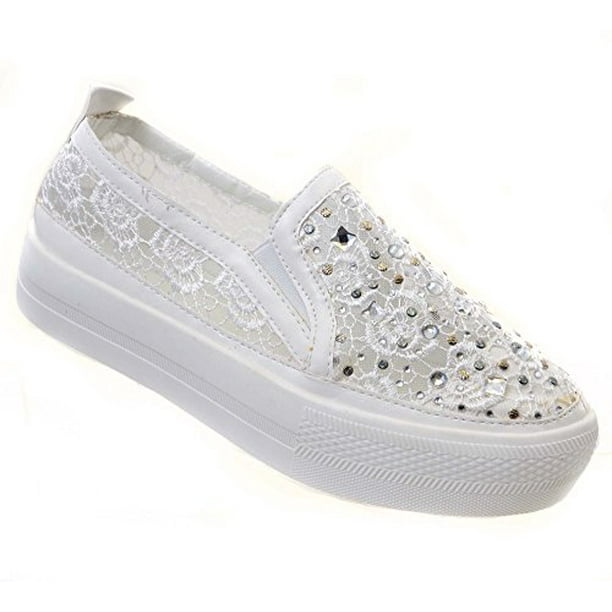 Fourever Funky White Rose Lace Rhinestone Slip On Platform Sneakers