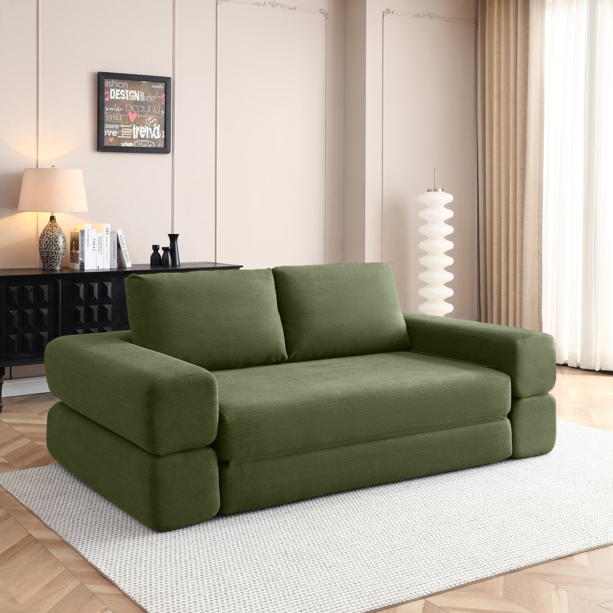 81-Inch Convertible Sofa Bed with Pillows, 3-in-1 Folding Floor Couch and Corduroy Futon Sleeper Mattress for Living Room and Bedroom, Green