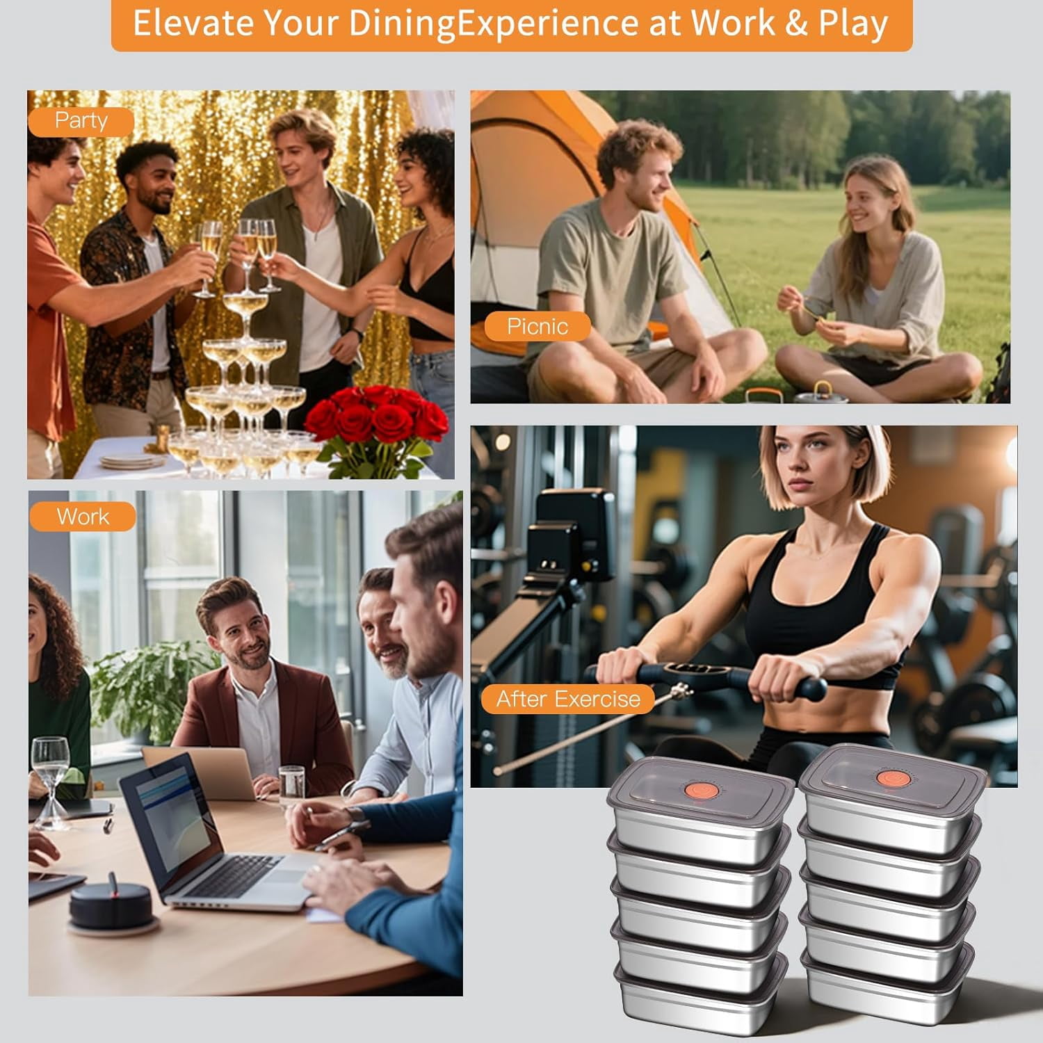 10 Pack 37oz Stainless Steel Food Storage Containers with Leak-Proof Lids, Stackable Meal Prep Lunch Boxes, BPA-Free, Dishwasher/Freezer Safe