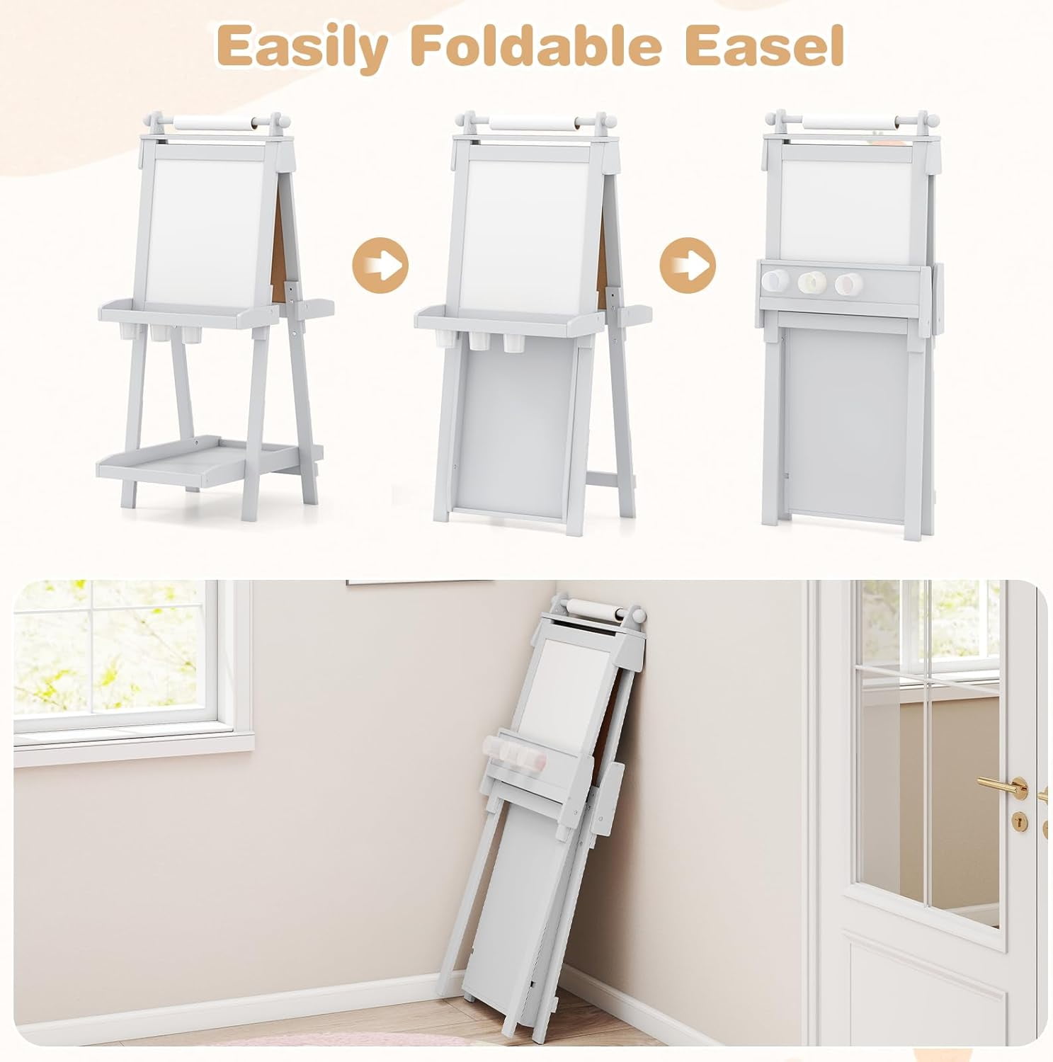 OLAKIDS Easel for Kids, 3 in 1 Adjustable Painting Art Board, Foldable Double-Sided Wooden Drawing Chalkboard Magnetic Whiteboard with Paper Roll, Storage Rack, Cups for Boy Girls