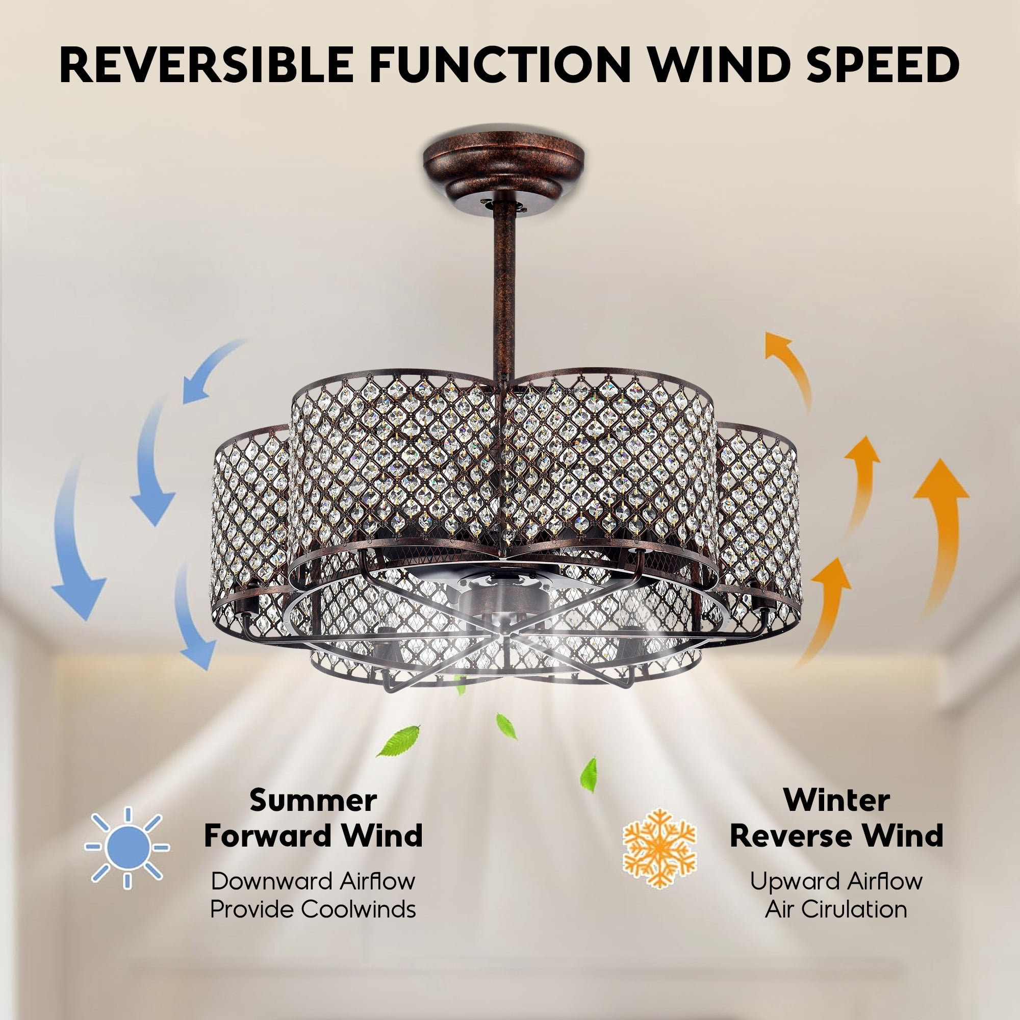 Aukfa 30" Ceiling Fan with light, Crystal Fan with Anti-Thelft Function for Living Room