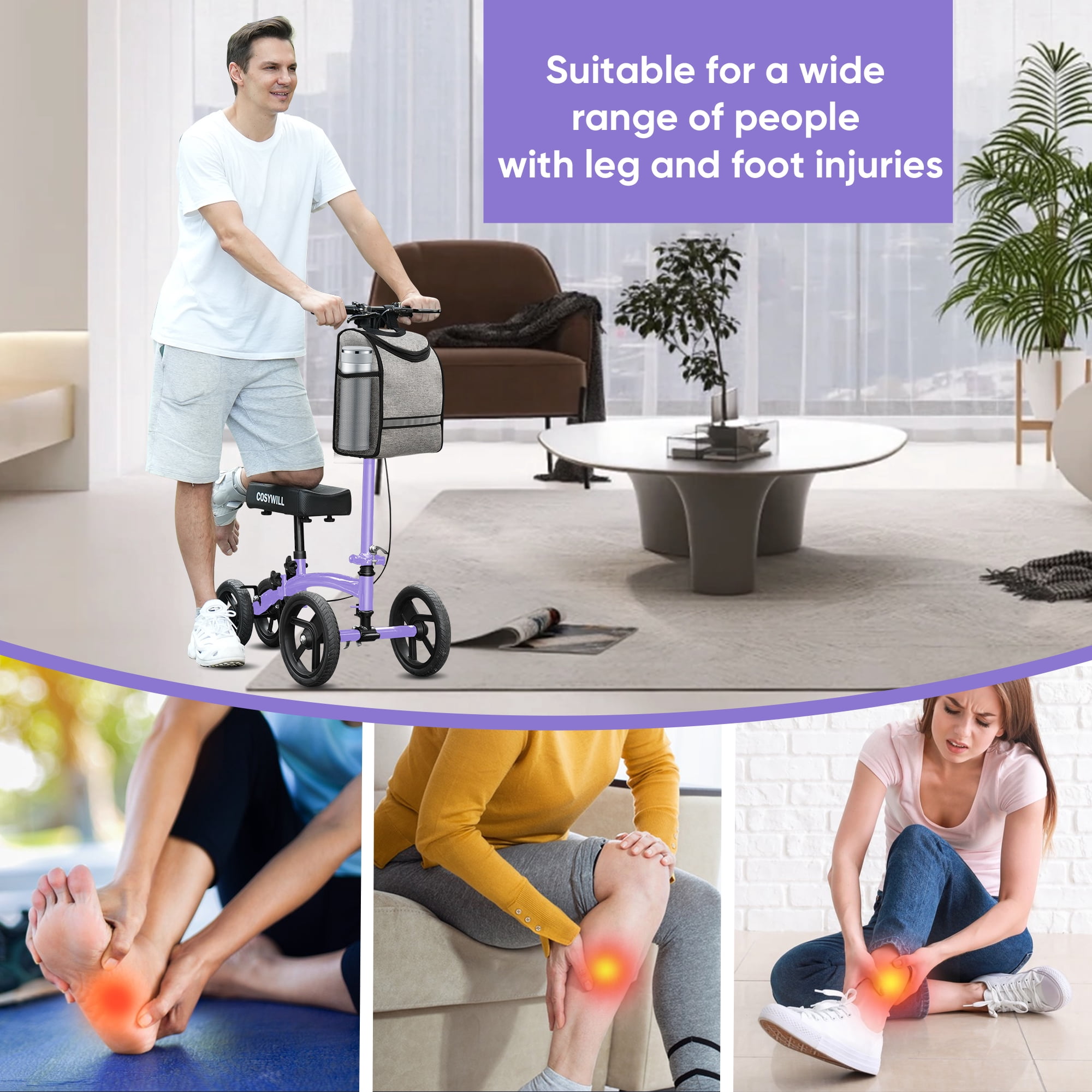 COSYWILL Steerable Knee Scooter,Economy Knee Walker,All Terrain Foldable Medical Scooter for Foot Injuries Crutches Alternative,Purple