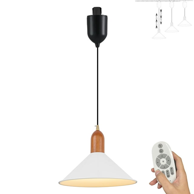 FSLiving Suspension de Piste en Forme de H avec Télécommande, Levage Rétractable avec Abat-Jour Conique Blanc Rétro de 11,8 Pouces et Douille en Bois de Noyer, Gradation et Changement de Couleur en Continu pour Îlot de Cuisine - 1 Lumière