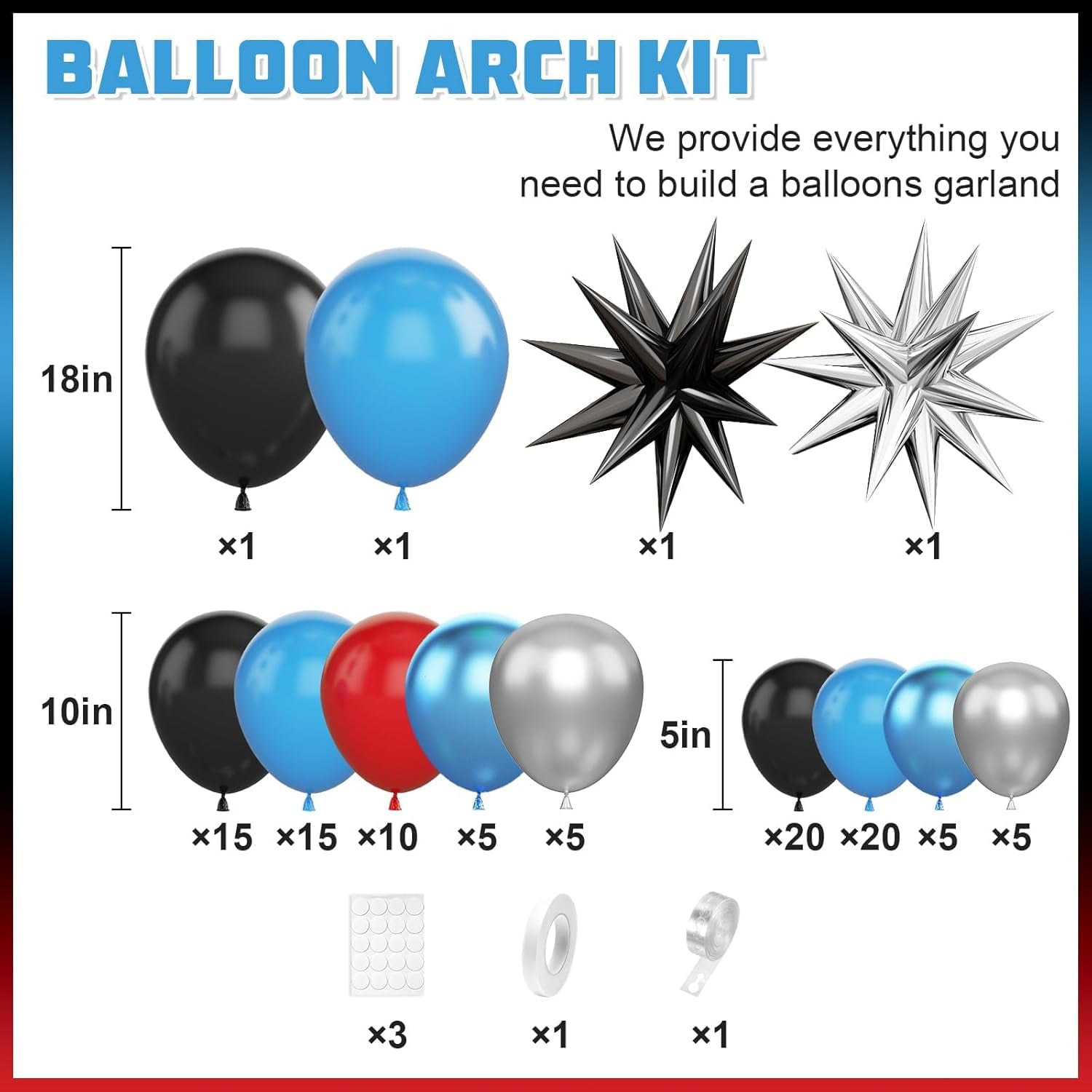 Blue Red Black Balloon Arch,Balloon Garland with Star Foil Balloons Metallic Sliver Balloons for Boys Baby Shower Birthday Party Decorations