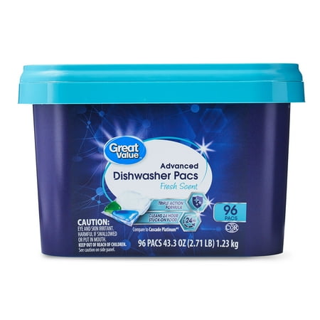 Great Value Advanced Dishwasher Pacs, Fresh Scent, 96 Count