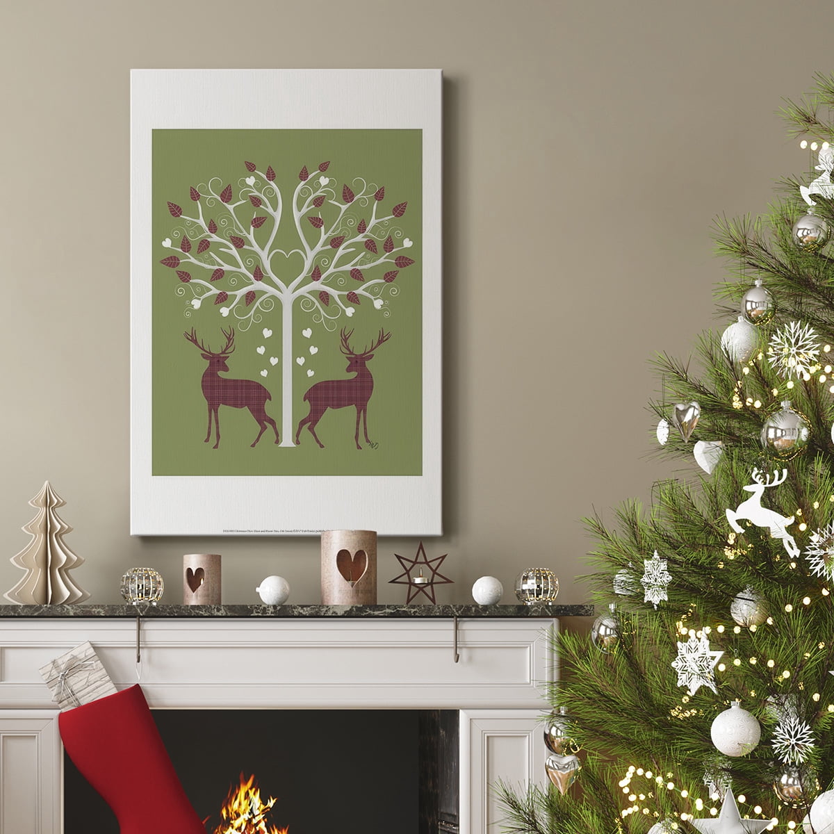 Christmas Des - Deer and Heart Tree, Pink On Green- Gallery Wrapped Canvas