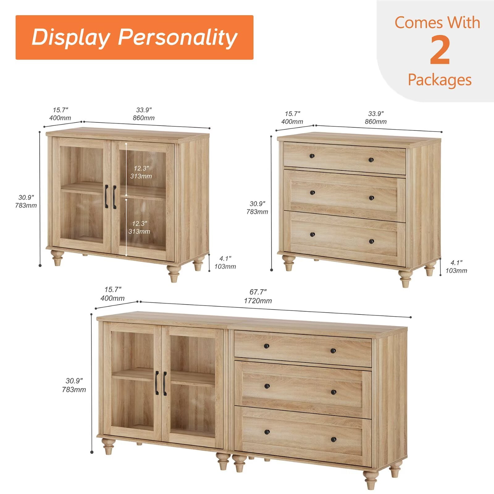 Sideboard Buffet Cabinet with Glass Door, 2-in-1 Kitchen Storage Cabinet, Wooden Coffee Bar Table with Adjustable Shelf & 3 Drawers for Dining Room and Living Room, 68-inch Oak