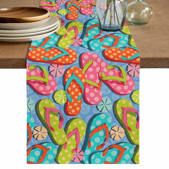 Watercolor Flip Flops Table Runner 70 Inches, Summer Ocean Beach Slippers Blue Bed Runner Dresser Scarves Tabletop for Indoor Outdoor Parties/Ceremony/Banquet, 13" x 70"