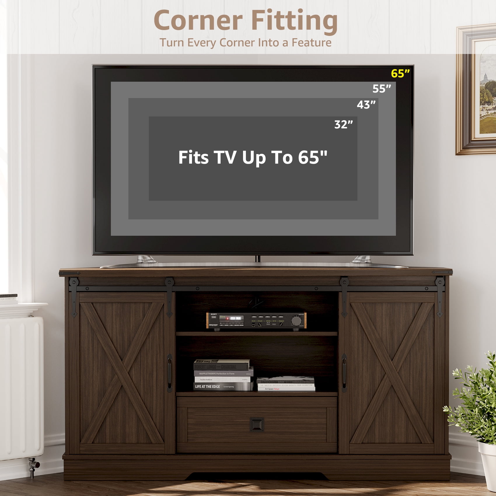 Farmhouse Corner TV Stand for 65" TV – Walnut Wood Entertainment Center with Sliding Barn Door & Storage Shelves – Media Console, 58"w x 15.7"d x 31"h