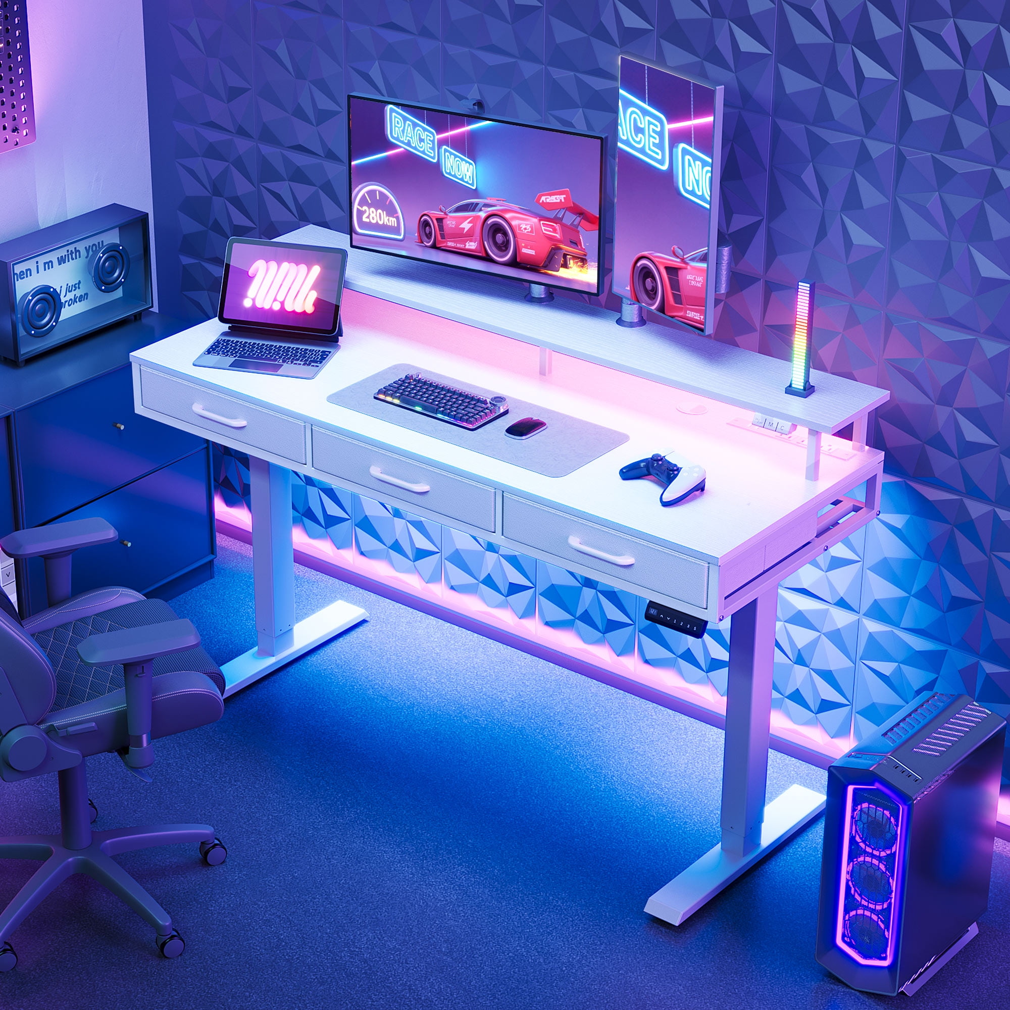 Casacomoda 55 inch Electric Standing Desk with Power Outlets and LED Lights, Adjustable Height Sit Stand Desk with Monitor Shelf & 3 Fabric Drawers for Home Office, White