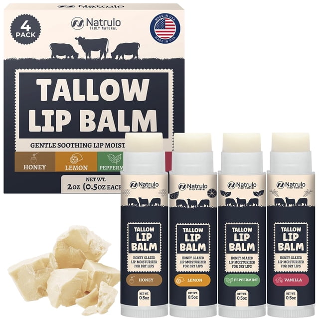 Bálsamo labial Natrulo Beef Tallow con cera de abeja, paquete variado, hidratante