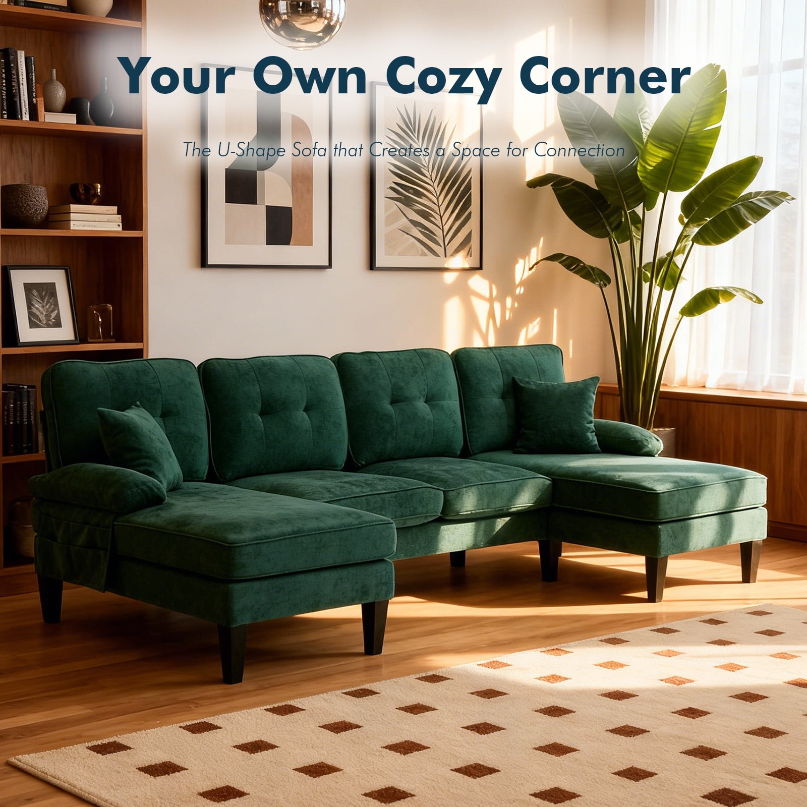 MOONMISS U-Shaped Sectional Sofa, 4 Seater Sectional Couch with Chaise, Modular Sleeper Sectionals for Living Room-Green