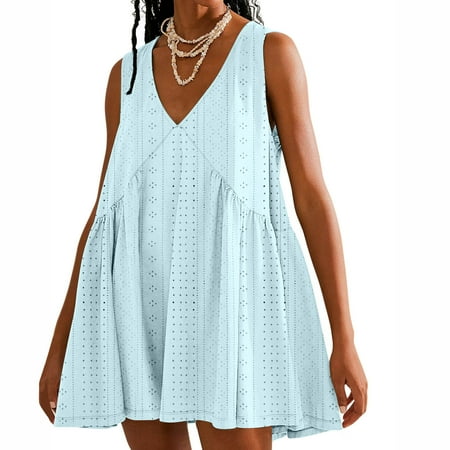 Ftwytp Women s Summer Casual Solid Color Sleeveless V-neck Dress Sleeveless V-neck Dress Long Sleeve Women s Plus Size Dresses Summer Mini Skater Dress Red Lingerie Dress Sky Blue