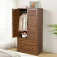 thumbnail image 5 of Wirrytor Armoire Wardrobe Closet with 2 Woven Doors, Wardrobe Cabinet with 2 Storage Drawers and Hanging Rail, Freestanding Wooden Closet for Bedroom (Walnut), 5 of 9