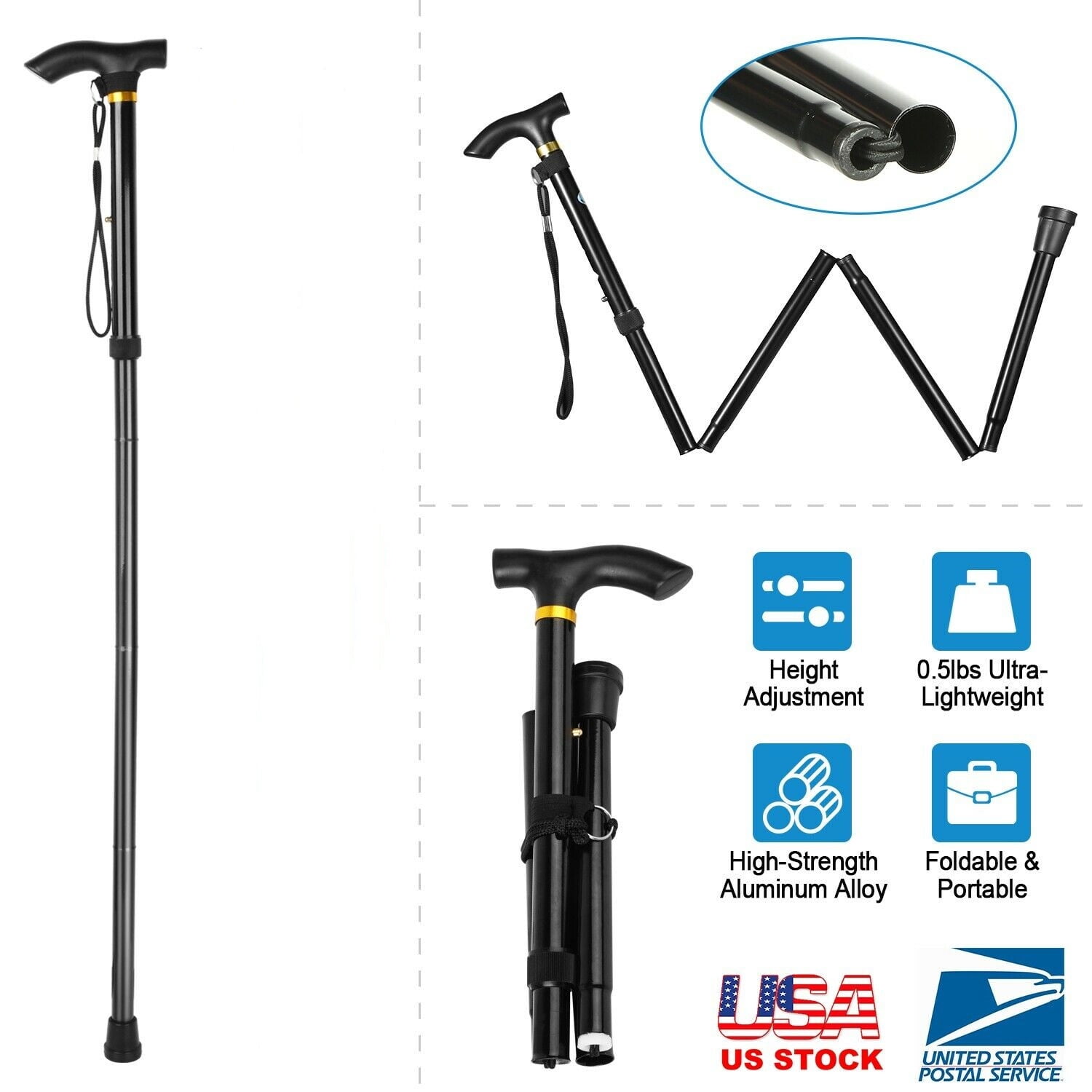Folding Cane - Foldable Walking Cane For Women and Men - Adjustable Height (33'-37'), Anti-Slip Rubber Tip, Soft Derby Style Ergonomic Handle