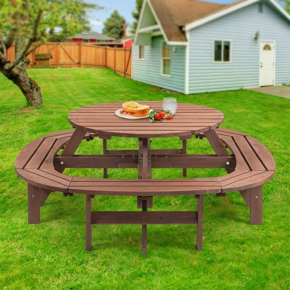 10-12-person Round Outdoor Wooden Picnic Table for Patio, Backyard, Garden, DIY with 1 Built-in Ring Stool, 500-lb Weight Capacity - Walnut Brown