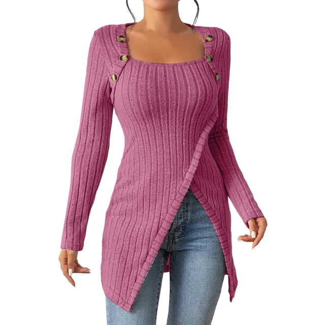 NINGMENG Hauts pour Femmes Couleur Unie Col Carré Chandails Asymétriques Manches Longues Tunique Décontractée d'Automne Chandail T-Shirts Manteau, Rouge, P
