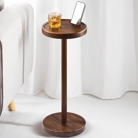 Drink Table, 22" Tall Compact Side Table with Phone Slot and Weighted Base, Durable Pedestal Accent for Living Room (Flat, Walnut)