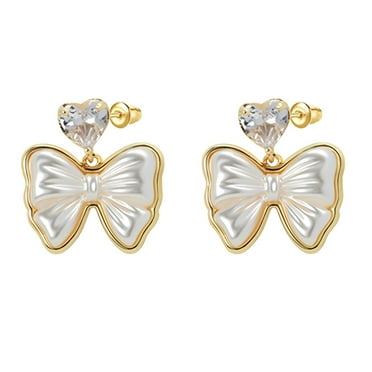 HETICA Gold Bow Earrings for Women, Heart Shaped Cubic Zirconia Stud Drop Bow Earrings Cute Sparkly Jewelry Gifts for Women