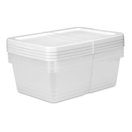 Sterilite Set Of (4) 12 Quart Storage Boxes, Clear Plastic Storage Bin With Snap-On Lid, White