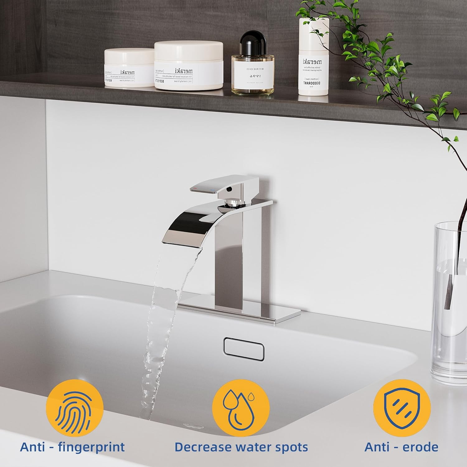 RUACQ Waterfall Bathroom Faucet,Single Handle Bathroom Sink Faucets for 1 or 3 Hole, Stainless Steel Washbasin Mixer Tap with Deck,Pop-up Drain and Supply Hoses (Chrome)