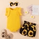 thumbnail image 2 of Body De Bebé, Conjunto De Canastilla, Monos Para Niñas Pequeñas, Top De Manga De Encaje, Pantalones Cortos De Girasol, Tocado, Ropa, Traje Amarillo Odeerbi LM103-994, 2 of 9