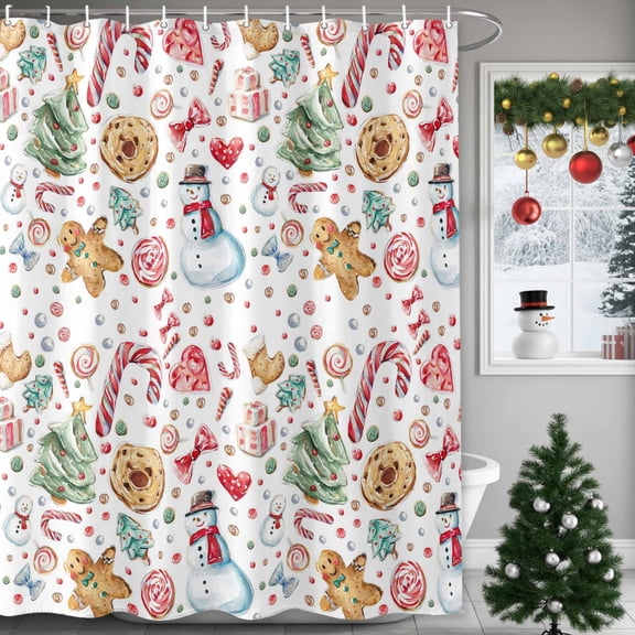 Merry Christmas Shower Curtains for Bathroom, Xmas Trees Cute Gingerbread Man Cookies Candy Cane Snowman Waterproof Fabric Shower Curtain for Bathroom Bathtub Decoration, Machine Washable, 60"x72"