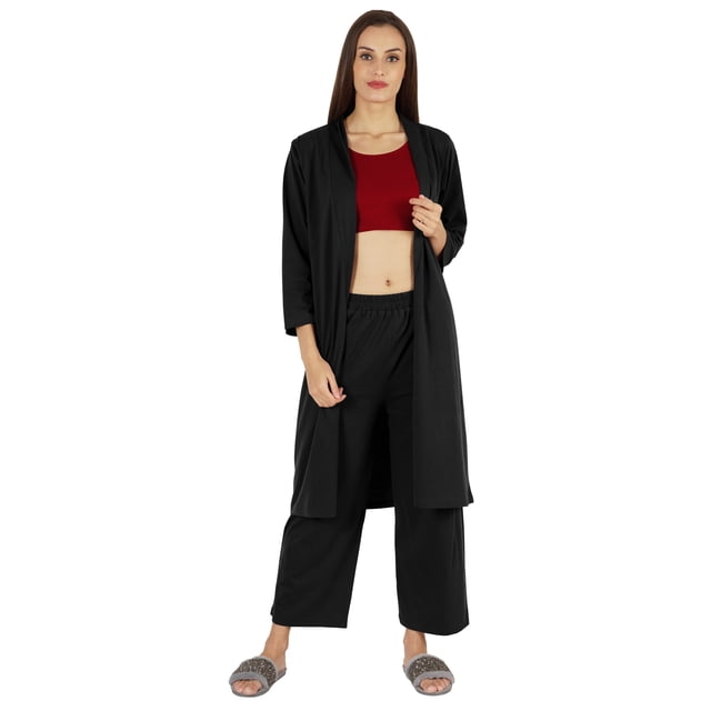 Inkmeso Womens 3 Pcs Nightwear Set Crop Tank Top Loose Pants & Front Open Shrug Sleepwear