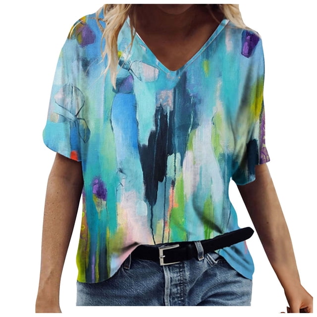 Awdenio Femmes d'Été Manches Courtes Tunique Tops V Cou Coloré Imprimé Floral Tee-Shirts Chemises Confortables Décontractées Tops