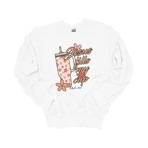 Womens Cup Sweatshirt Funny Jesus Fills My Cup Printed Tumbler Crewneck Sweatshirt-White-medium