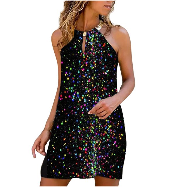 Vestido de verano para mujer Sexy Metal cuello colgante hueco sin mangas Mini vestido suelto colorido estampado playa Sundress Fridja qw1744