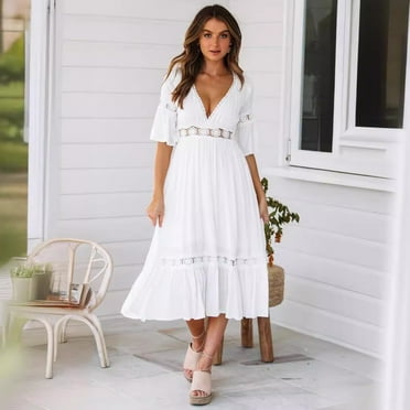 MELDVDIB Womens Bohemian Dress Deep V Neck Summer Flowy Long Maxi Dresses White Sleeveless Beach Party Loose Dresses on Clearance