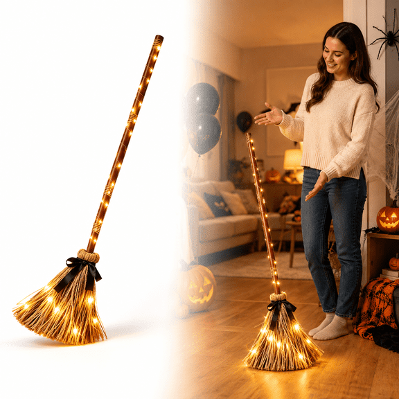 Self-Moving Witch Broom Prop, Floating Swaying Decor with Amber String Lights and Creepy Laughter for Halloween Foyer Party Covered Porch