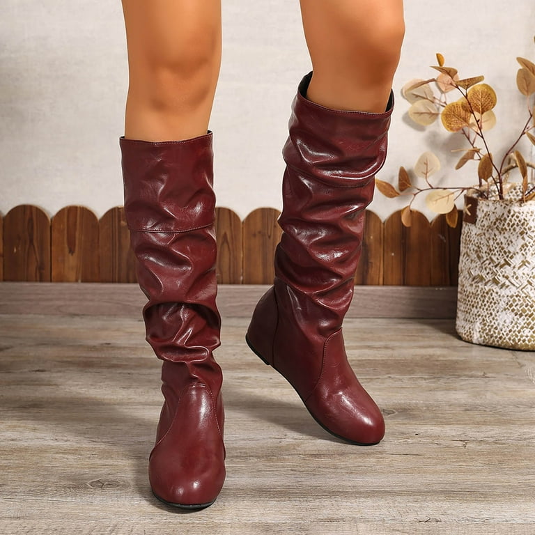 Oyedens Womens Slouch Knee High Boots Casual Leather Winter Fall No Heel Over The Knee Tall Dress Boots for Ladies, Women's, Size: 7.5, Red