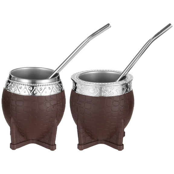 2 Pcs Stainless Steel Yerba Mate Cup Set, Light Brown Rubber Body, 180 ml Wide Mouth & Narrow Mouth, Quality Stylish Stainless Steel Straw, Silver Accents, Ideal for Traditional Mate Tea Drinking