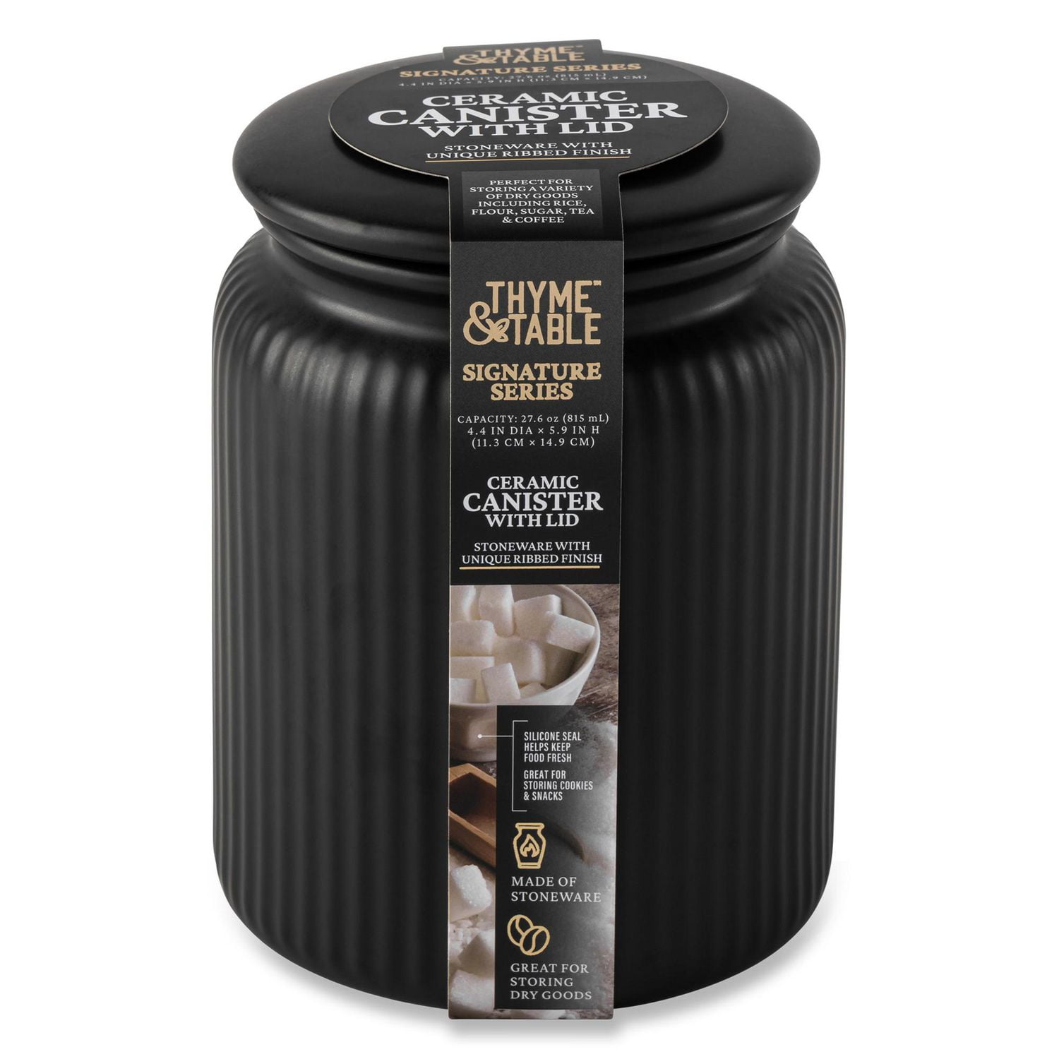 Thyme & Table, Medium Ceramic Black Ribbed Kitchen Organization Jar, Black, Canister