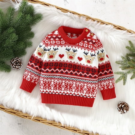 

FZM Christmas Toddler Baby Girl Boy Cute Long Sleeve Christmas Deer Knitted Sweater Pullover Tops Autumn Winter Warm Xmas Outfits
