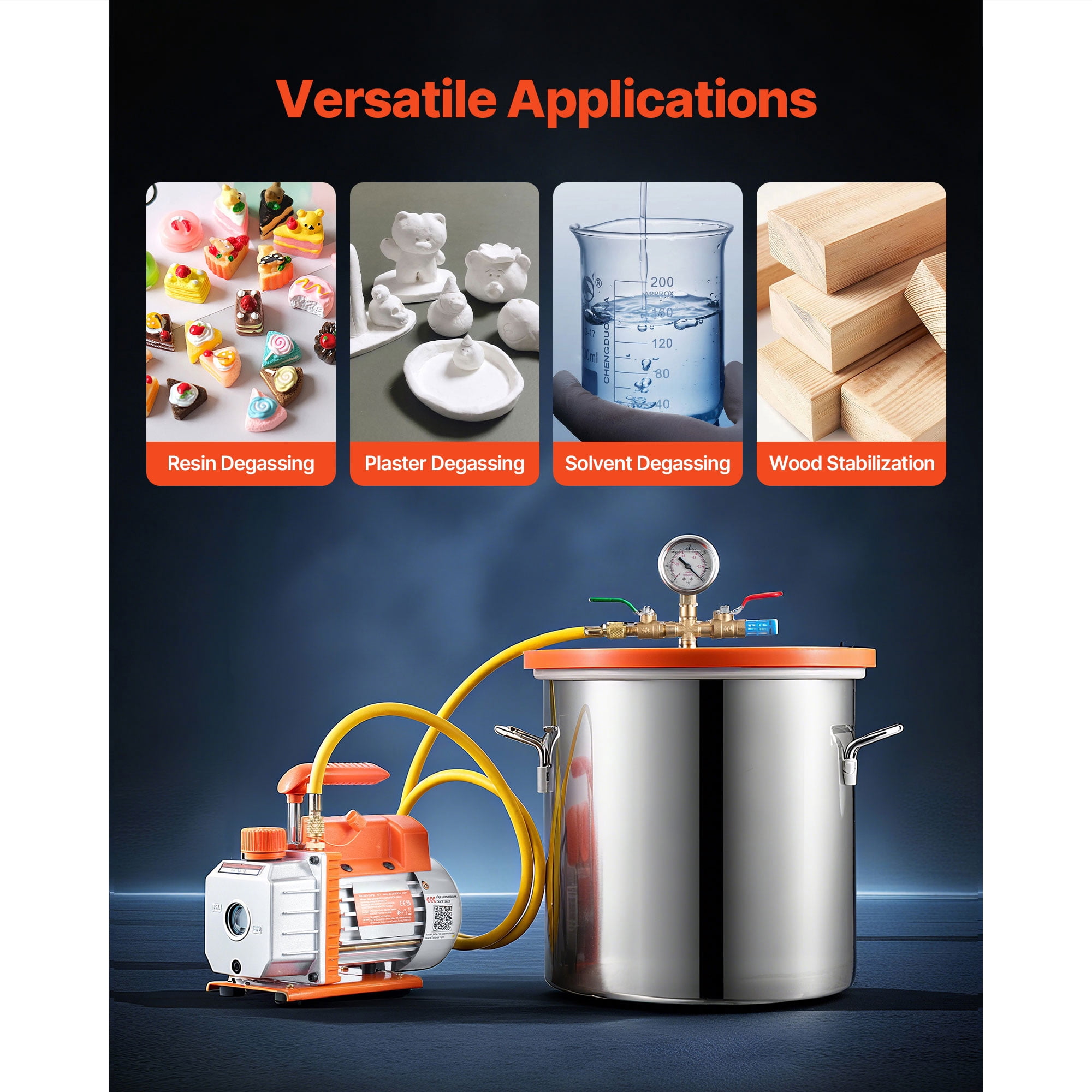 KFFKFF 5 Gallon Vacuum Chamber Kit with Pump, 3.5 CFM Single Stage Vacuum Pump, Stainless Steel Chamber with Tempered Glass Lid, 5 ft Hose, Ideal for Wood Stabilization and Silicone Resin Degassing